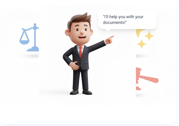 Legal assistant character saying 'I'll help you with your documents!'